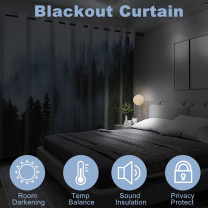AWERT Blackout Curtains for Bedroom Light Blue Tree with Fog Nature Forest Curtains 2 Panels for Living Room Heat Blocking 42x84inch