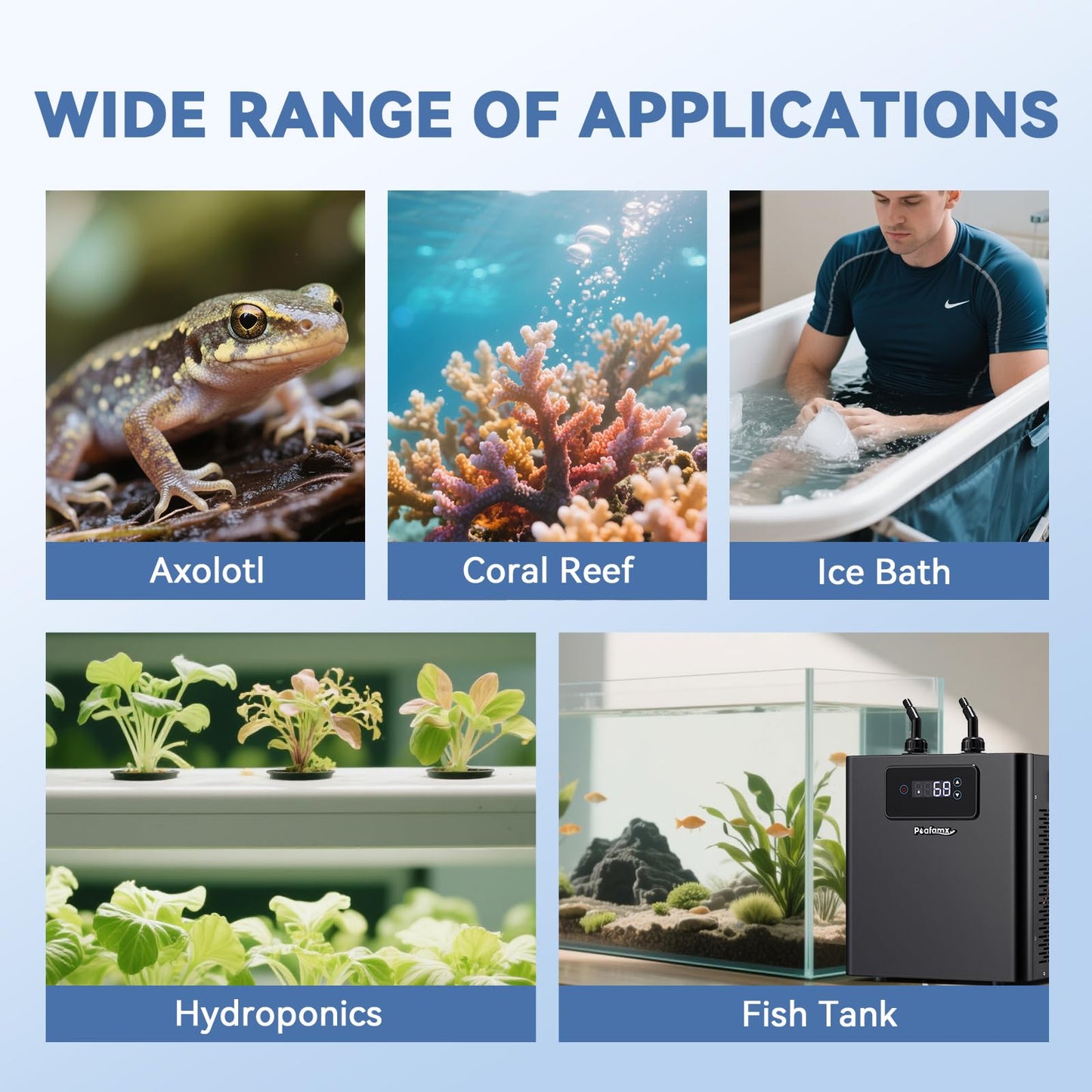 Poafamx Aquarium Chiller 1/3 HP, 79Gal Water Chiller with Upgraded LED Display, Water Pump and Pipe, Quiet Aquarium Cooler for Fish Tank Axolotl Coral Hydroponics System