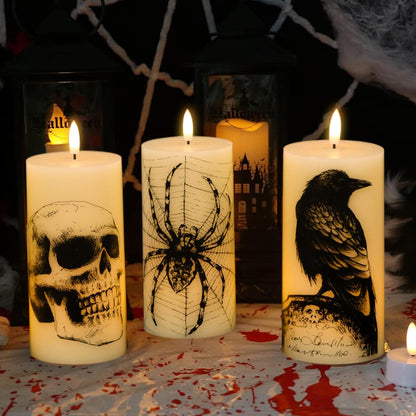 DRomance Halloween Flameless Candles Battery Operated with Remote and Timer, Real Wax 3D Wick LED Flickering Pillar Candles Skull Crow Spider Web Decals Dinner Halloween Decor(3 Pack, 3" D x 6" H)