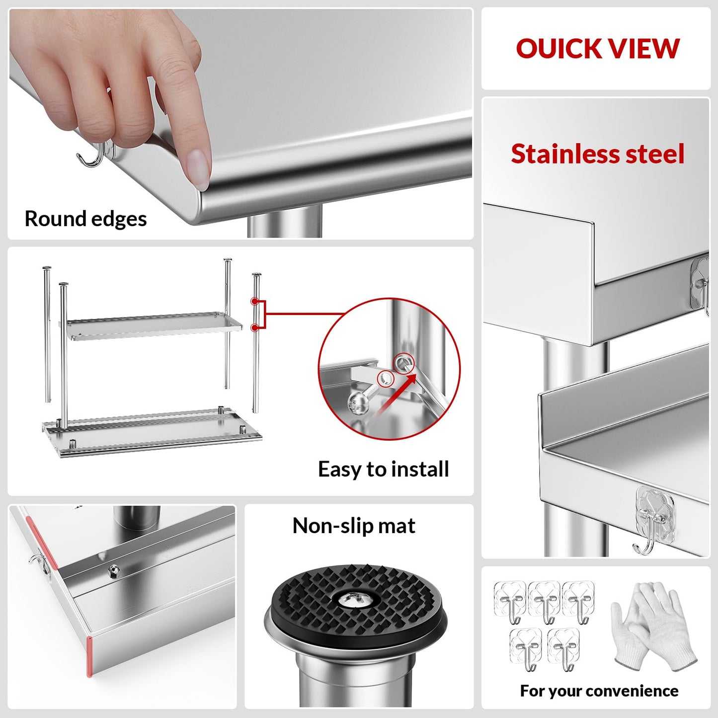 Atelicf All-Stainless Steel Prep Table, 24 x 48 Inch, with Rounded-Corner Backsplash, Casters and Adjustable Undershelf, Heavy-Duty Build for Outdoor Use, Restaurants, Kitchens, Gardens, and Garages