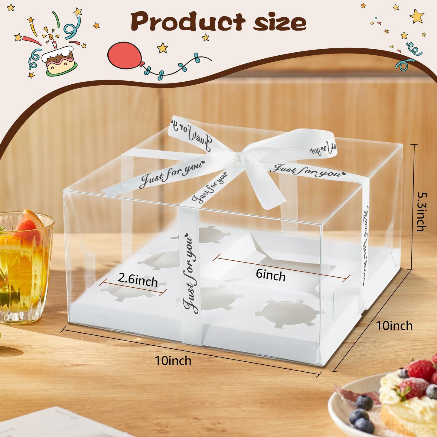 LLOERE 3 Pack Bento Cake and Cupcakes Box with Gift Ribbon, Clear Window 1+5 Combination Bento Boxes, 6 Holes Fit 5 Cupcake Containers and 1 Mini Cake(4-5in) for Birthday Party Baking Supplies