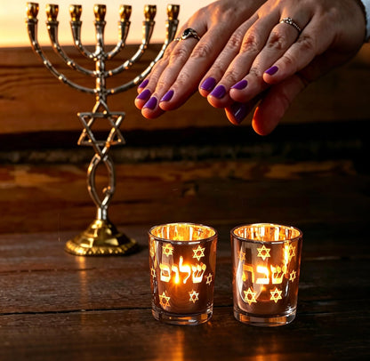 ZIVOSELY Set of 2 Glass Shabbat Candle Holders, Thickened Heat-Resistant Electroplated Glass Tea Light Holders for Jewish Judaica Sabbath Hanukkah Gifts, Gold & Silver