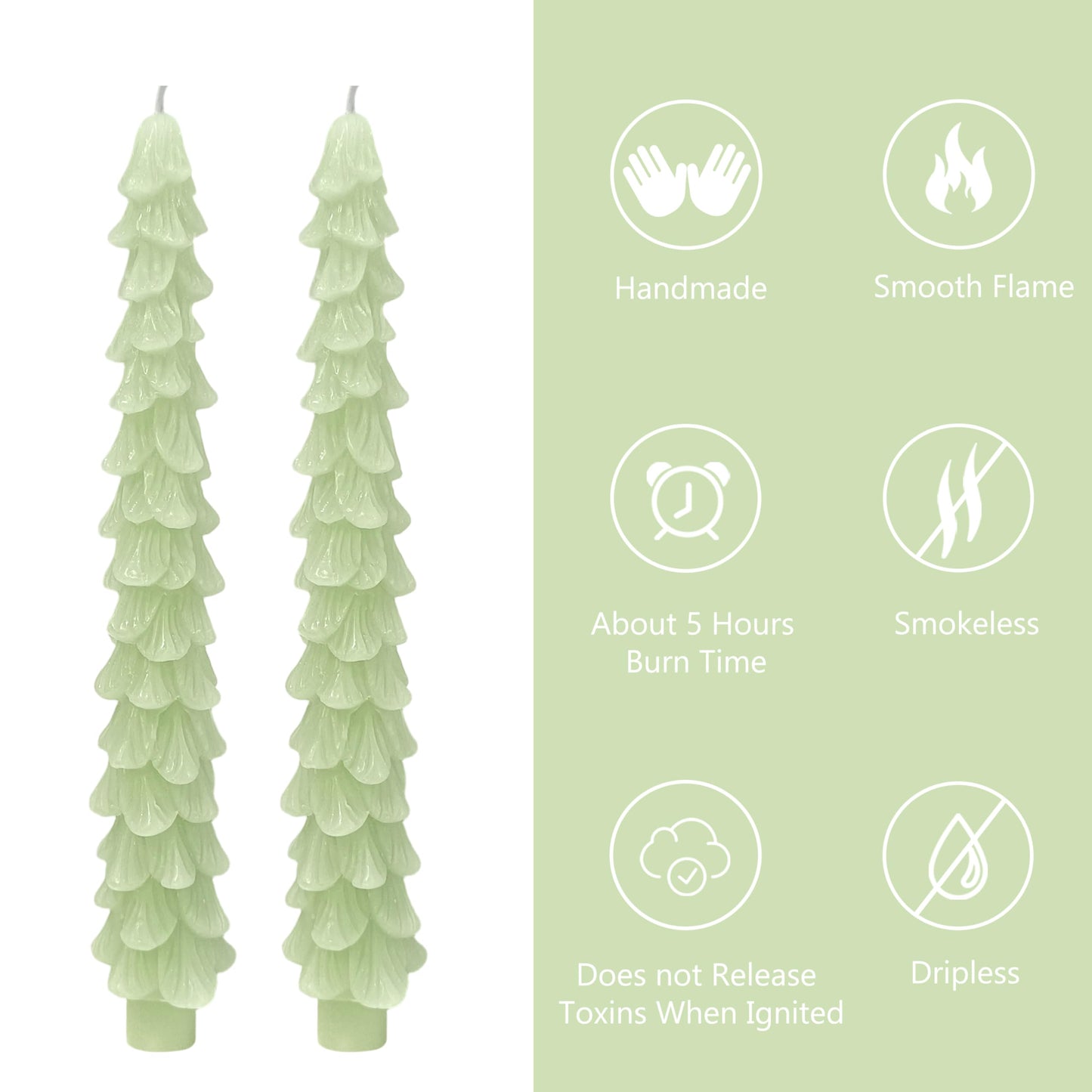 Tree Taper Candles Set of 2, 10 Inch Frosted Sage Handmade Candle Stick, Unscented Candlesticks, Tapered Candles for Holiday Dinner Table Decor Gift