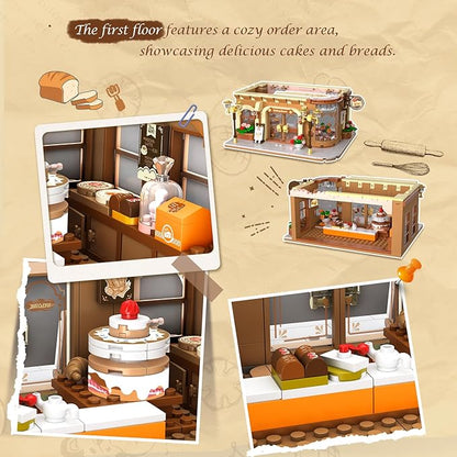 City Bakery Cafe House Building Set with Light 1289 PCS Baking Shop Building Block Toy with Coffee Cake Bread Bakery Room Pastry Construction Model for Adults Teens Kids Boys Girls Ages 8-12+