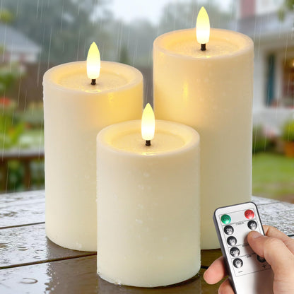 Outdoor Candles with Timer Waterproof, 3PCS 3" x4" 5" 6" Flameless Candles with Remote Battery Operated Candles, Realistic Flame Effect LED Pillar Candles for Fireplace Christmas Patio Centerpieces