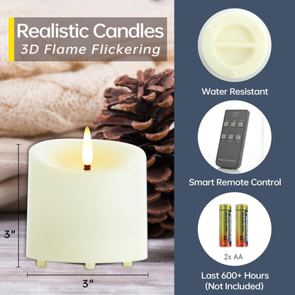 TECHLONG Outdoor Waterproof Flameless Candles with Timer, Remote Control Battery Operated Candles Flickering Last 600 Hours, 3"x3" Realistic Electric Fake LED Candles, Ivory Plastic, Set of 3