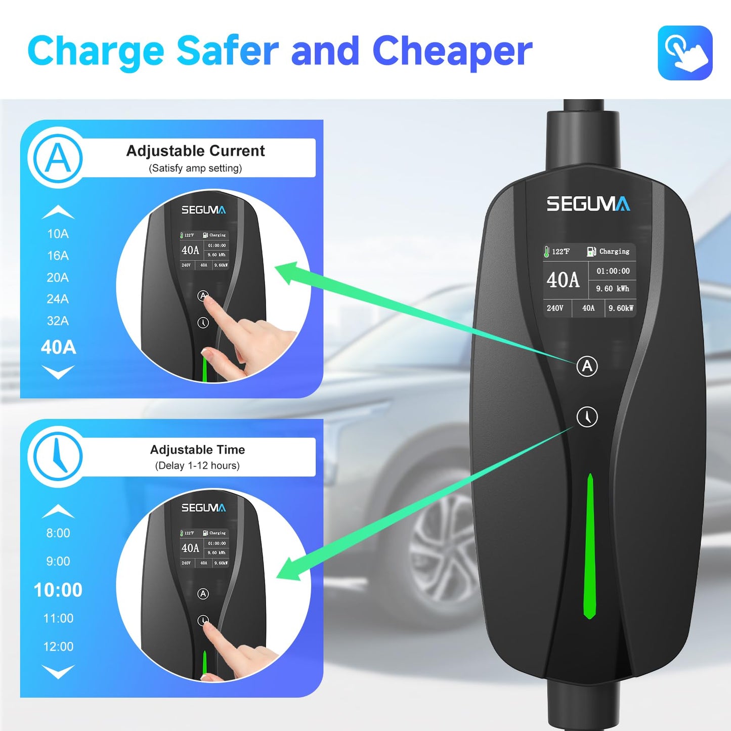 SEGUMA Level 2 EV Charger, 40Amp Electric Car Chargers 25FT Cable with NEMA 14-50 Plug, Adjustable Current, Timing Delay Electric Vehicle Chargers for J1772 BEVs/PHEVs 240V 9.6kW