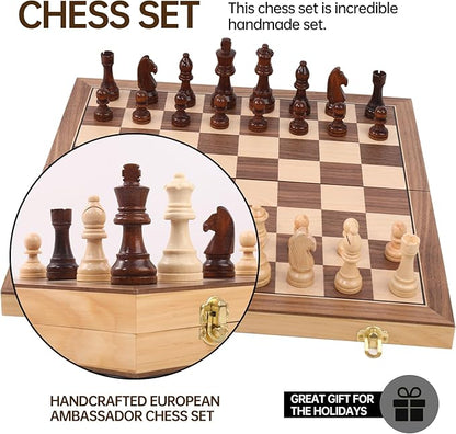 15 Staunton Chess Set with Travel Case - Professional Tournament Wooden Board 2 Extra Queens &amp Storage Bag for Dad Portable Magnetic Chess Game for Camping/Clubs