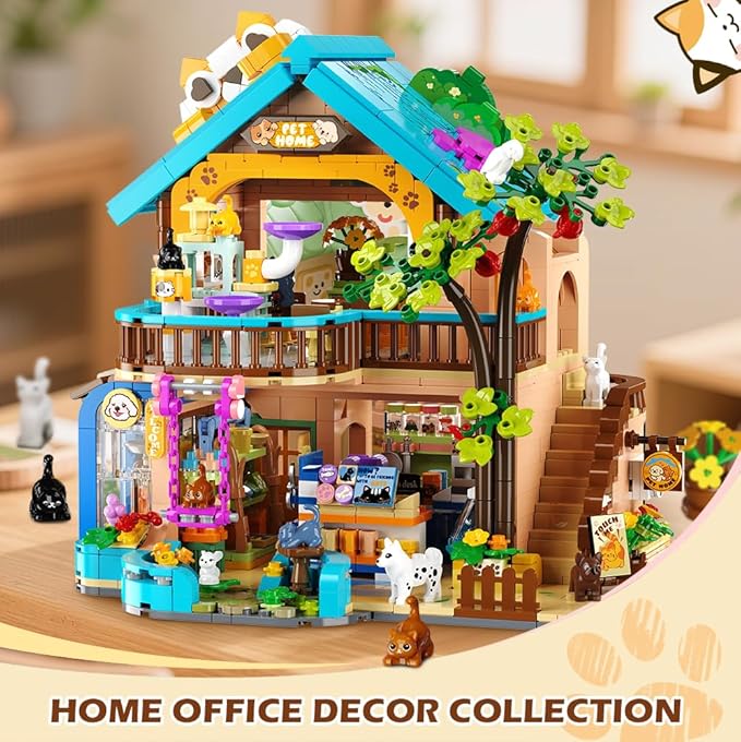 City Pet Shop Building Set with Lights Cozy Pet Store Construction Toy with Cats Dogs Cute Animal Store Miniature House Model Building Block Kit for Adults Kids Boys Girls Ages 8-12+