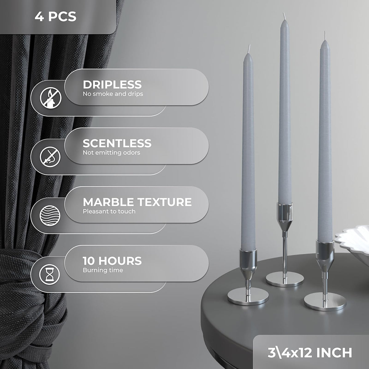 CANDWAX 12 inch Taper Candles Set of 4 - Dripless and Smokeless Candles Unscented - Slow Burning Candle Sticks - Light Gray Candle Taper