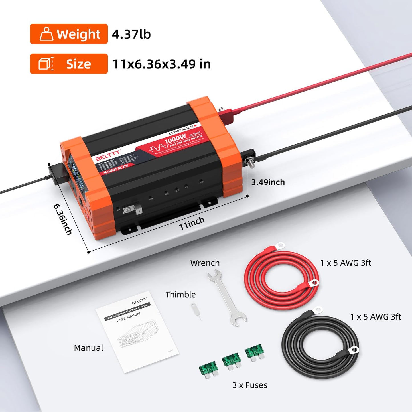BELTTT 1000Watt Pure Sine Wave Inverter 12V DC to 120V AC for RV, Truck, Off-Grid, Solar Inverter 12V to 110V Converter with Dual AC Socket and 5V 2.1A USB, Power Inverter, Intelligent LCD, 2000W Peak