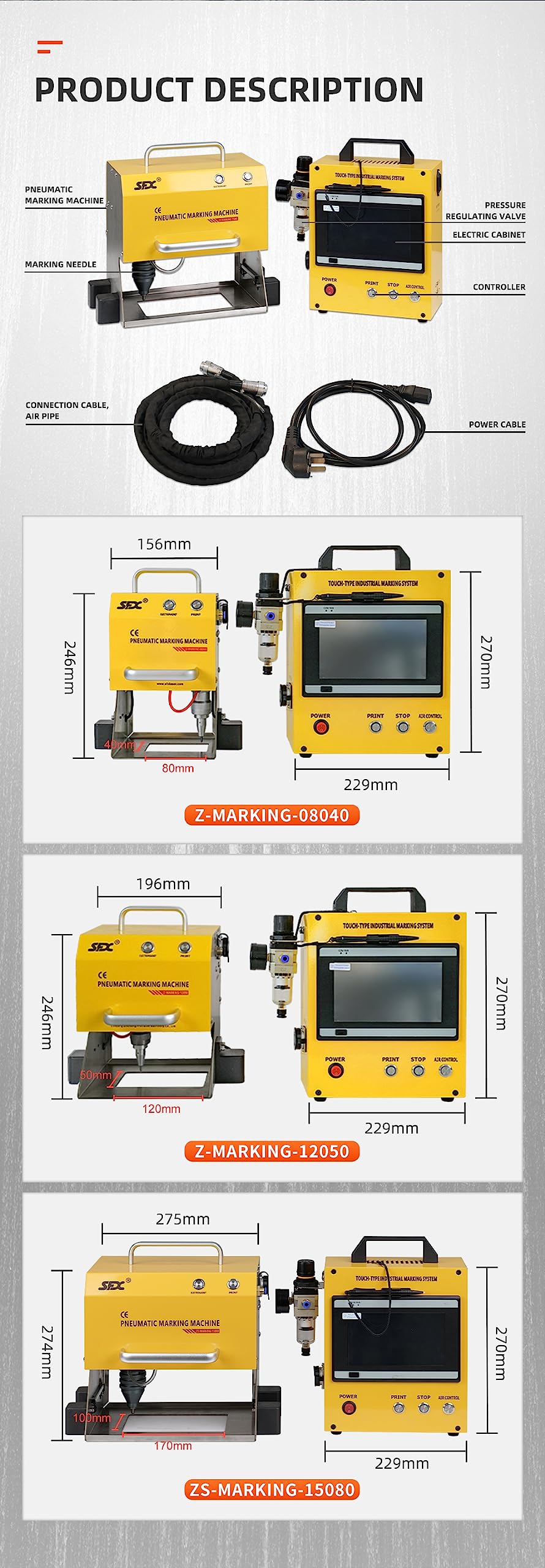 US Stock Digital Control Pneumatic Dot Peen Marking Machine Metal Engraving Machine Pneumatic Marking Machine 80×40mm Field for Letters, Serial Numbers, VIN Code, Chassis Number, Date, Graphics,etc.