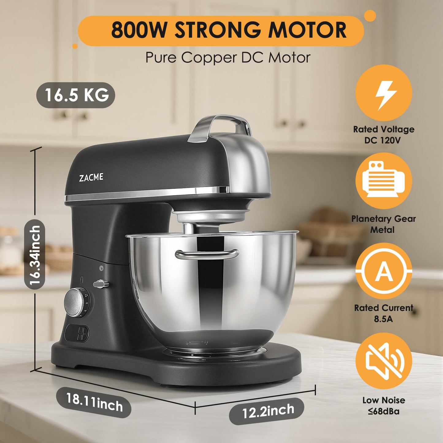 8.4QT Commercial Stand Mixer 800W with Aluminum Die Casting Meets the Standard of NSF/ANSI 8-2023, Mixers Kitchen Electric Stand Mixer with Stainless Steel 8L Bowl, Dough Hook, Whisk and Beater, Black