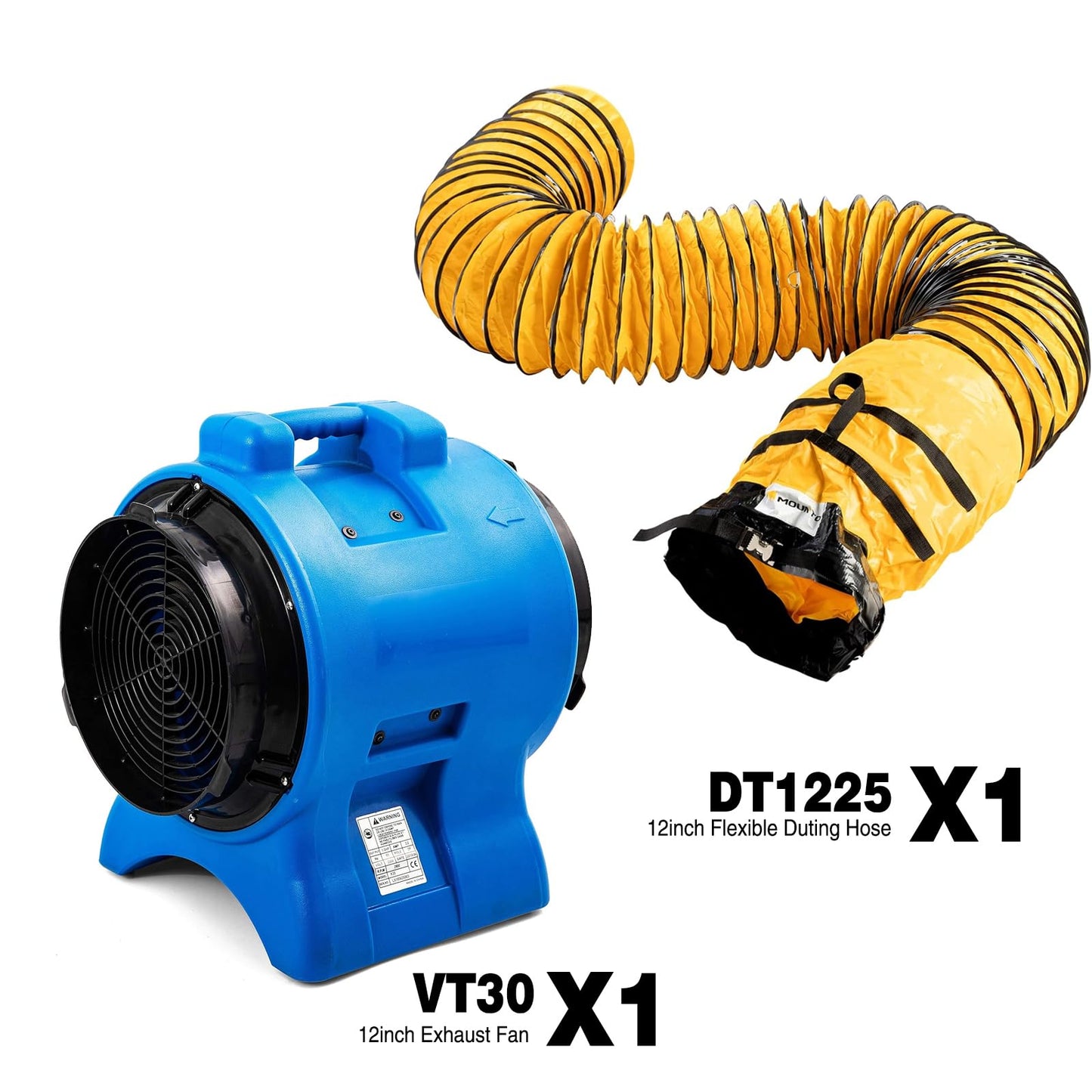 MOUNTO Ventilation Bundle – 1× 12" Axial Blower Fan (1HP, 3000 CFM) + 1× 25FT 12" Flexible Duct Hose – Industrial Exhaust Fan Kit for Crawl Spaces, Basements, Job Sites, and Construction Areas