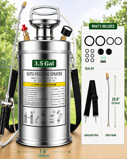 3.5 Gallon Stainless Steel Sprayer, Hand Metal Pump Up Sprayer Reinforced Hose with Pressure Gauge, Safety Valve & Adjustable Nozzle, Garden Weed Sprayers for Lawn, Gardening, Sanitizing