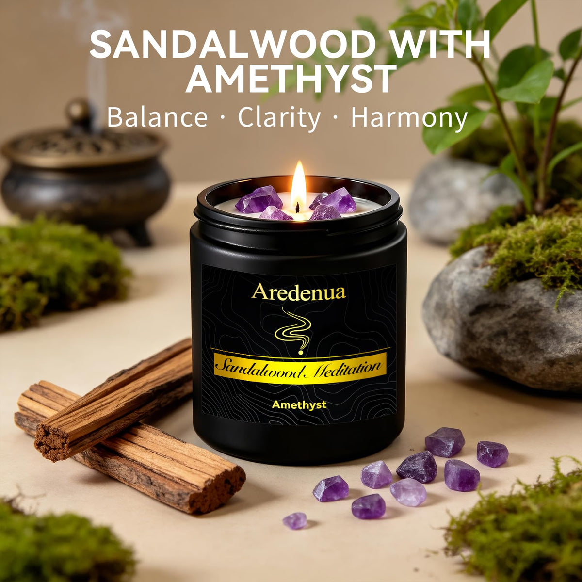Aredenua Candle for Meditation and Spiritual Practice - Sandalwood Aromatherapy Candle with Amethyst Healing Crystal, Natural Soy Wax Scented Candle for Yoga Mindfulness, 7oz Long Lasting, Zen Gift