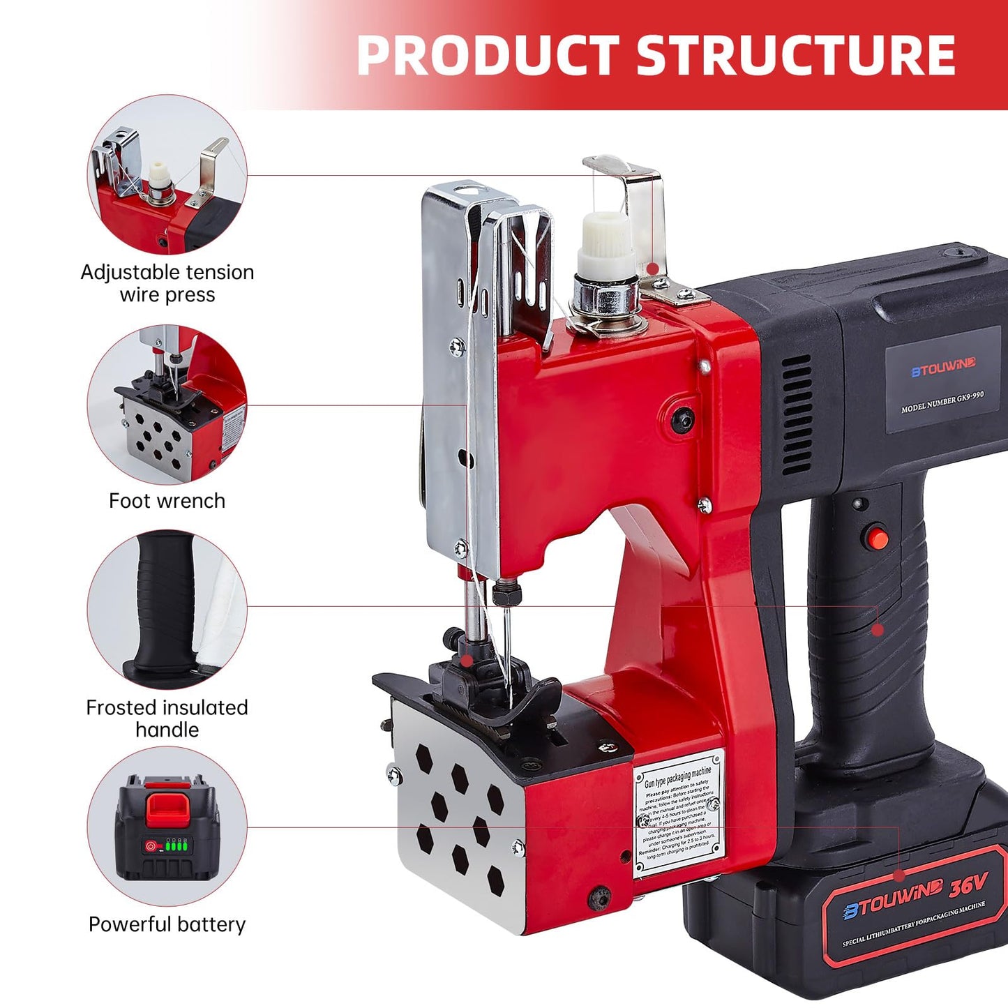 Cordless Bag Sewing Machine，Work Speed（2s/bag），36V Rechargeable Battery+2 Volumes of Thread+10 Needles，Bag Closer Machine Specially Designed for Woven Bag, Burlap Bag