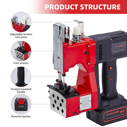 Cordless Bag Sewing Machine，Work Speed（2s/bag），36V Rechargeable Battery+2 Volumes of Thread+10 Needles，Bag Closer Machine Specially Designed for Woven Bag, Burlap Bag