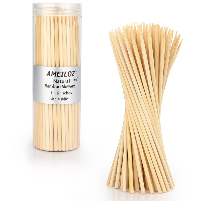 6" Bamboo Wood Skewers for BBQ, Kabob, Appetizer, Fruit, Sausage, Chocolate Fountain, Natural Wooden Barbecue Kebob Skewer Stick, Organic Food Sticks for Grilling, Kitchen (Φ=4mm Thick, 100PCS)