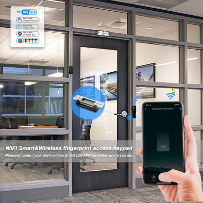 Olideauto Front Door WIFI Smart Fingerprint Electronic Card ReadersKit,Wireless Access Control Locking Kit for Home Office Door,with Wireless Fingerprint Access Keypad+Electric Strike+Wireless FoB Key