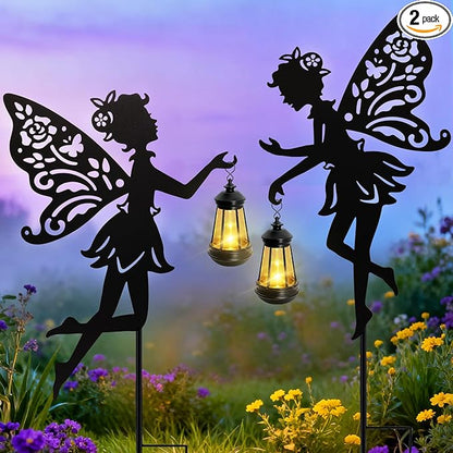 Solar Fairy Garden Statues Outdoor Decor 2 Pack Metal Fairy Figurine Light StakeHousewarming Ornament for Patio Lawn Yard Pathway - Unique Gift Ideas for Gardening Mom Grandma Birthday