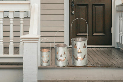 One Holiday Way Set of 3 Rustic Galvanized Metal Jack-o-Lantern Pumpkin Decorative Halloween LED Votive Candle Holder Lanterns - Indoor Outdoor Decoration - Spooky Country Farmhouse Party Home Decor