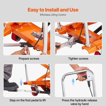 VEVOR Hydraulic Lift Table Cart, 330 lbs Load Capacity, 50-Inch Lifting Height, Manual Single Scissor Lift Table with Non-Slip Pad and 4 Wheels, Orange, Alloy Steel