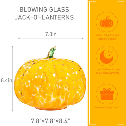 Naboher Handcrafted Glass Pumpkin with Warm LED Lights - Halloween & Thanksgiving Decor, Gift-Worthy Fall Home Decoration, 5.9-Inch Light-Up Tabletop Centerpiece (Green Leaf Orange)
