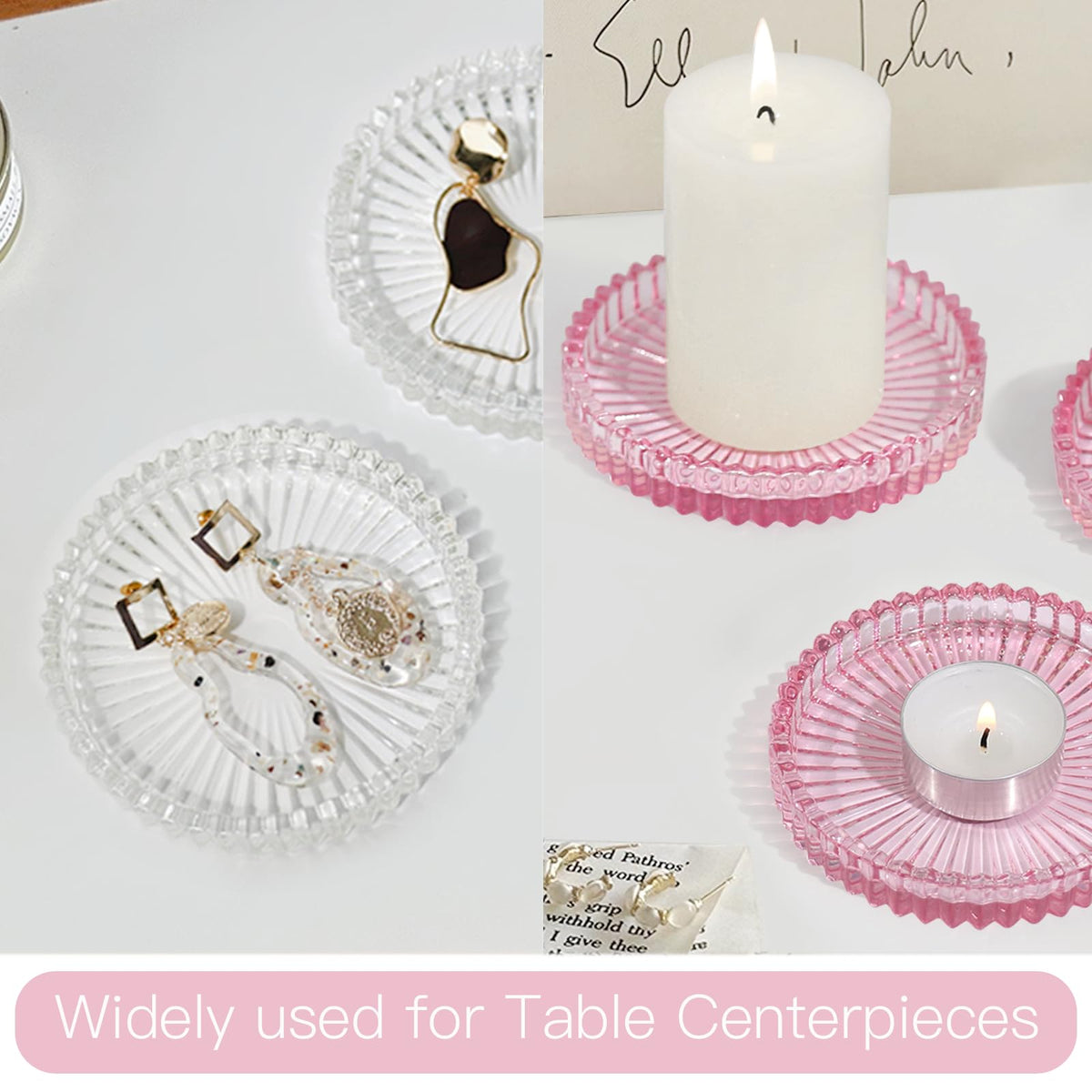 CHOCSTAY Glass Pillar Candle Holder, 4" Pink Candle Plates Set of 6, Glass Candle Holders for Wedding, Party, Holiday, Home Decor, Table Centerpiece