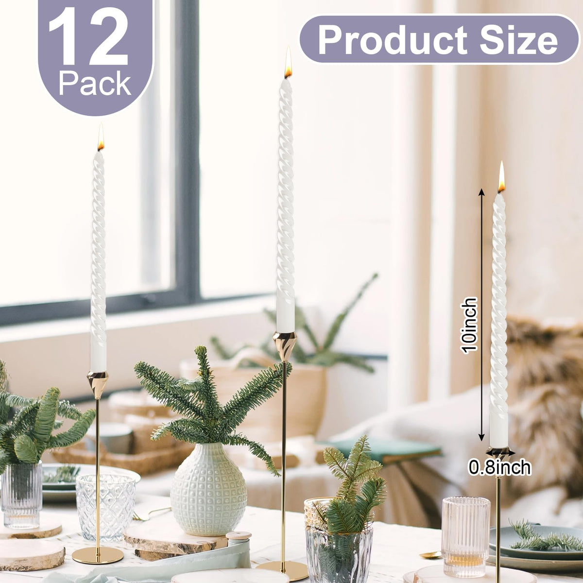 Loccmat 12 Pcs Spiral Taper Candles,s,10 Inch Unscented Tapered Candles Dripless Spiral Candlesticks,Long Candle Sticks White Taper Candles,White Twisted Candles for Dinner,Wedding,Party,Home Decor