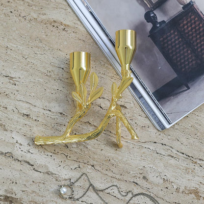 Elegant Gold Metal Tree Branch and Leaf-Inspired Dual Candle Holder Taper for Home Decor Tables top Tealight Wedding Centerpiece 5.12"x4.57" (Golden)