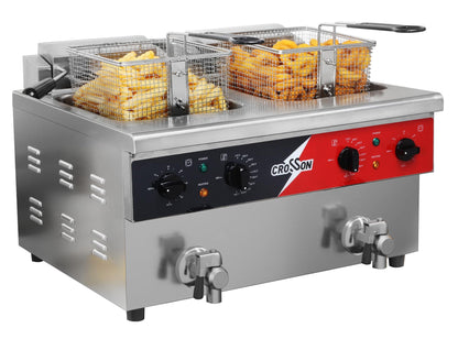 CROSSON 16L Dual Tank Countertop Electric Deep Fryer with "Swing-up and Hold",Drain Valve,Strech forming Oil Tank and Solid Wire Mesh Basket for Restaurant Use 120V,3600W Commercial Deep Fryer
