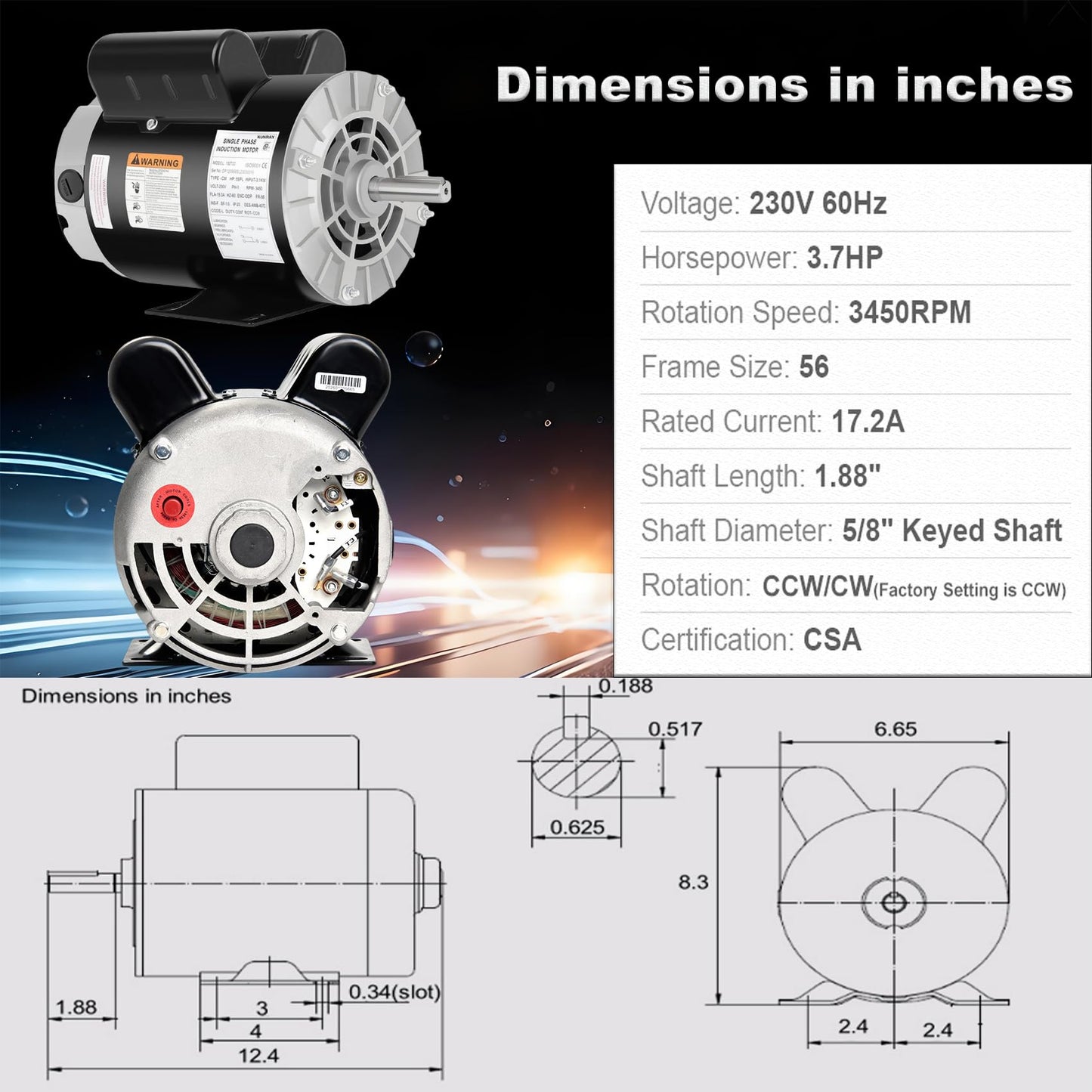 Kunray 3.7HP Air Compressor Motor, 3450RPM Electric Motor, 230V 17.2 Amps Single Phase Motor, 5/8" Keyed Shaft 56 Frame, 1.88" Shaft Length, CCW/CW Rotation