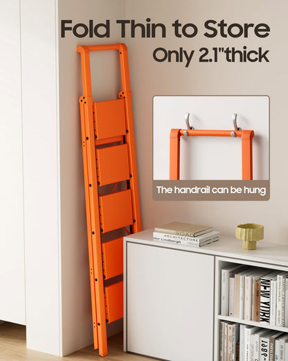 HillhutApex 5 Step Foldable Aluminum Step Ladder with Handgrip, Anti-Slip Pedal, 330 lbs Capacity, Lightweight & Portable for Home, Kitchen, Office, Garage (Orange)