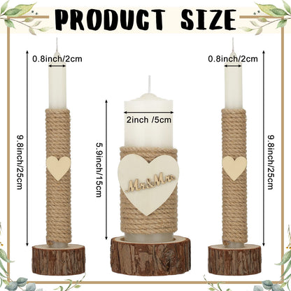 Amyhill 3 Pcs Rustic Unity Candles for Wedding Ceremony Set Mr and Mrs Burlap 1(5.9'') Pillar 2(9.8'') Taper Candles for Weddings Ceremony Events Decor Emergency Lighting(Romantic Style)