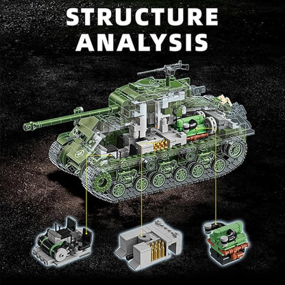 WW2 Military Tank M4 Pershing Heavy Building Block Set 1703 Pcs WW2 Model with Rotating Gun &amp Figures Army Toys for Adults &amp Collectors