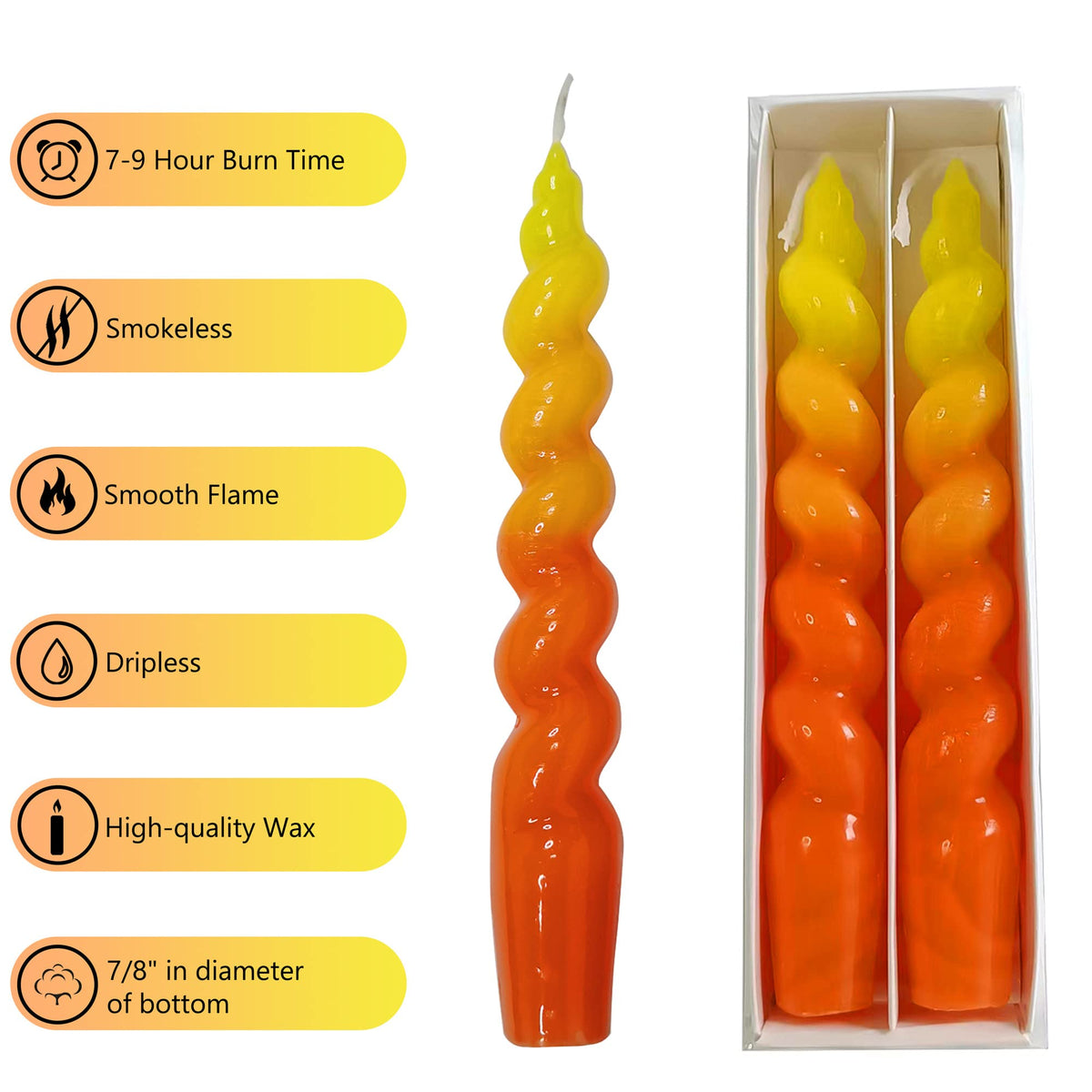 Colorful Candlestick Spiral Taper Candle, Gedengni 7.2inches Handcrafted Twisted Candlesticks Short Taper Candles Unscented Candle Sticks for Wedding Home Dinner Women Gifts,2S-Yellow Orange
