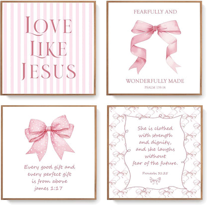 LARTSFRO Coquette Pink Bow Wall Art | Inspirational Christian Decor for Teen Girls | 10x10 Inch Set of 4 Unframed