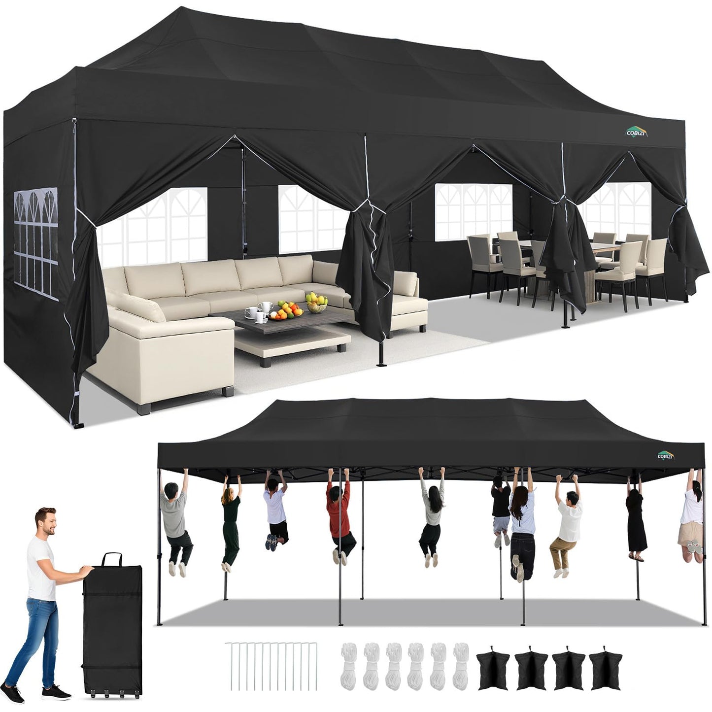 COBIZI 10x30 Heavy Duty Pop Up Canopy Tent with 8 Sidewalls Thicken Frame, Commercial Easy Up Outdoor Wedding Party Tents, All Season Waterproof Windproof with Stakes Sandbags Ropes Roller Bag, Black