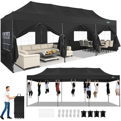 COBIZI 10x30 Heavy Duty Pop Up Canopy Tent with 8 Sidewalls Thicken Frame, Commercial Easy Up Outdoor Wedding Party Tents, All Season Waterproof Windproof with Stakes Sandbags Ropes Roller Bag, Black
