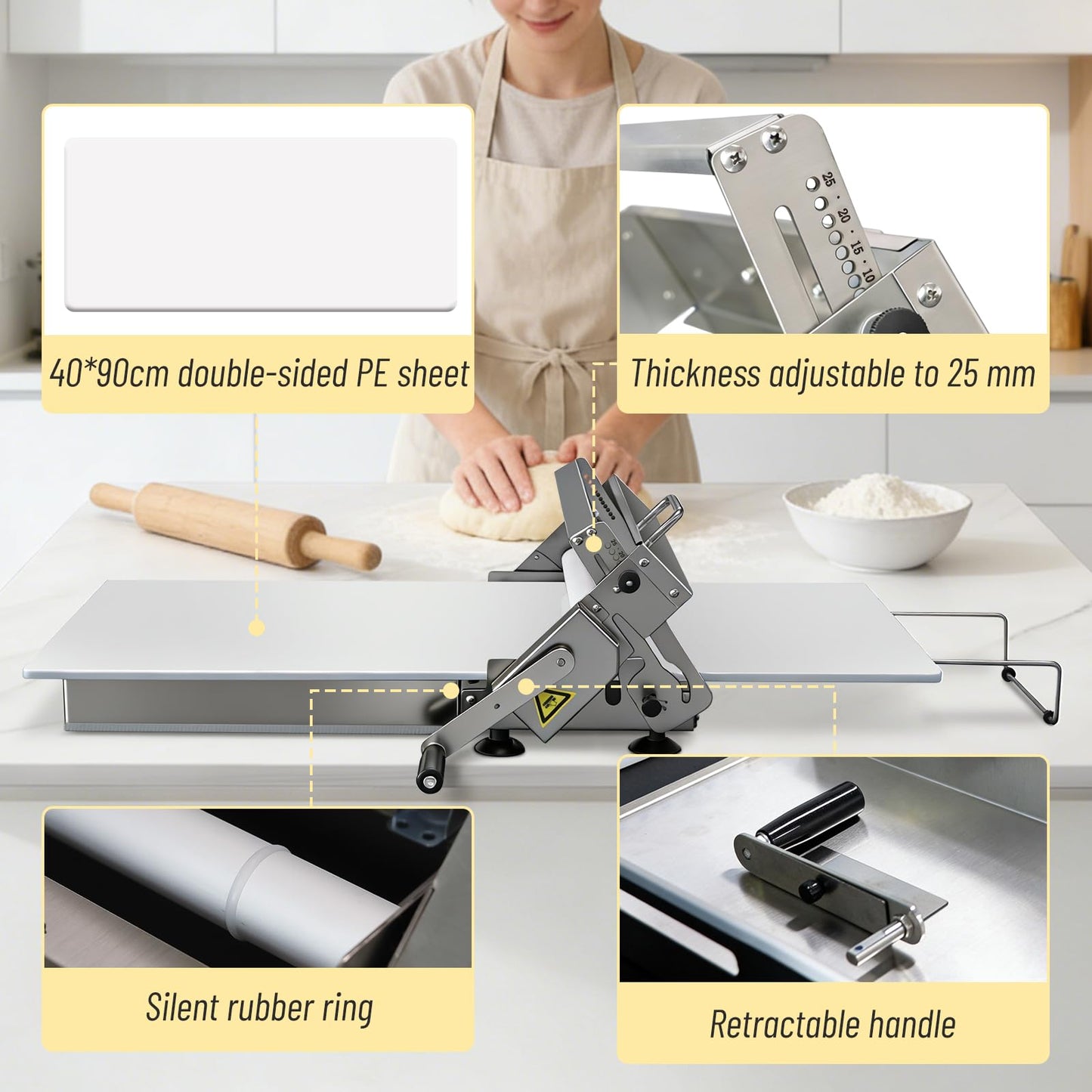 HNZXIB Foldable Dough Sheeter Machine, 15.75''×35.5''Manual Stainless Steel Portable Dough Roller with Silicone Pastry Mat, for Commercial Home Bakery, Puff Pastry, Pizza, Croissant