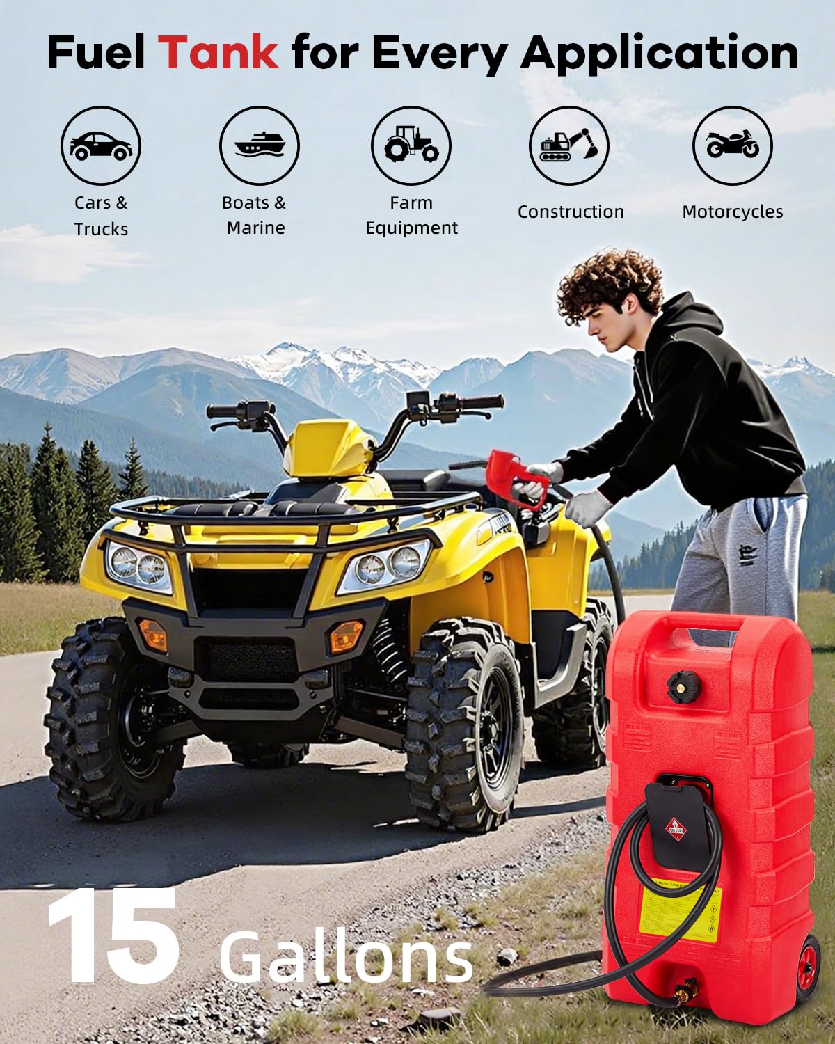 Garvee 15 gal Gas Can, Heavy-Duty Gas Tank and Fuel Caddy with Manual Fuel Transfer Pump, Portable Fuel Tank on Wheels with 10 ft Hose for Lawn Mowers, Cars, Boats, ATVs, Home and Farm Use, Red
