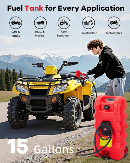 Garvee 15 Gallon Gas Can, Heavy-Duty Portable Fuel Caddy with Manual Fuel Transfer Pump, Portable Diesel Tank on Wheels with 10 ft Hose for Lawn Mowers, Cars, Boats, Tractor, UTV, Camping,Red