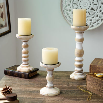 Wood Candle Holders for Pillar Candles - Tall Rustic Candle Holder (Set of 3), Large Farmhouse Candle Holders Candle Stand, Pillar Candle Holder Set for Table Centerpiece, Fireplace, Home, White