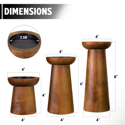 Pillar Candle Holders Set of 3， Wooden Candle Holders， Decorative Wood Candlestick Holders for Living Room, Table Centerpiece for Wedding, Christmas, Party, Home - 4", 6", 8"