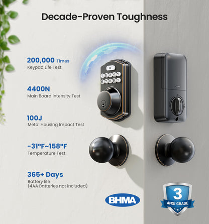 Veise Keyless Entry Door Lock with 2 Knobs, Electronic Backlit Keypad Deadbolt with Handle Set, Auto Lock, One-time Codes, Smart Deadbolt for Front Door, Easy Installation, Matte Black