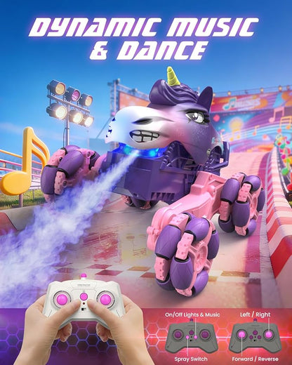 Remote Control Car 1:18 Pink Unicorn Monster Truck 360° Spin-Dance Light Music with Spray 2.4 GHz 4WD 120 Min Runtime Off-Road for Indoor &amp Outdoor Fun Toy Birthday Gifts for Girls Age 3+