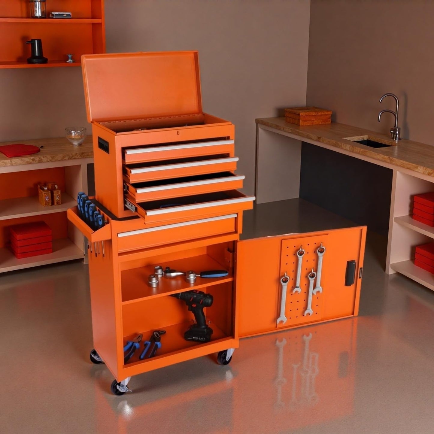 Trygoal Tool Chest, 5-Drawers Rolling Tool Storage Cabinet with Detachable Top, Adjustable Shelf, Lockable Wheels & Locking Mechanism, Multifunctional Tool Cart for Garage Warehouse, Orange