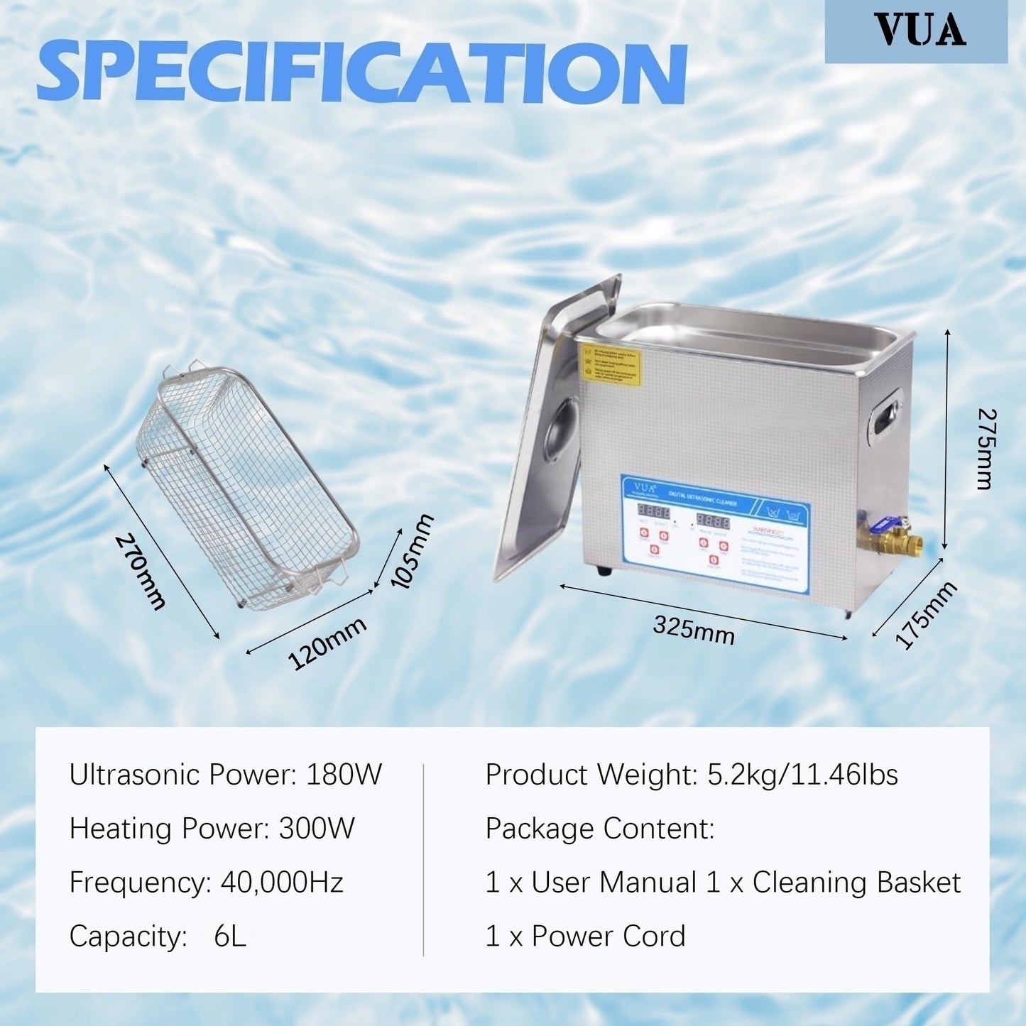 VUA 6L Commercial Ultrasonic Cleaner with Digital Timer & Heater, Professional Ultrasonic Parts Cleaner, Ultra Sonic Cleaning Machine with 300W Heated Cleaner for Glasses Industrial Parts Tools Lab