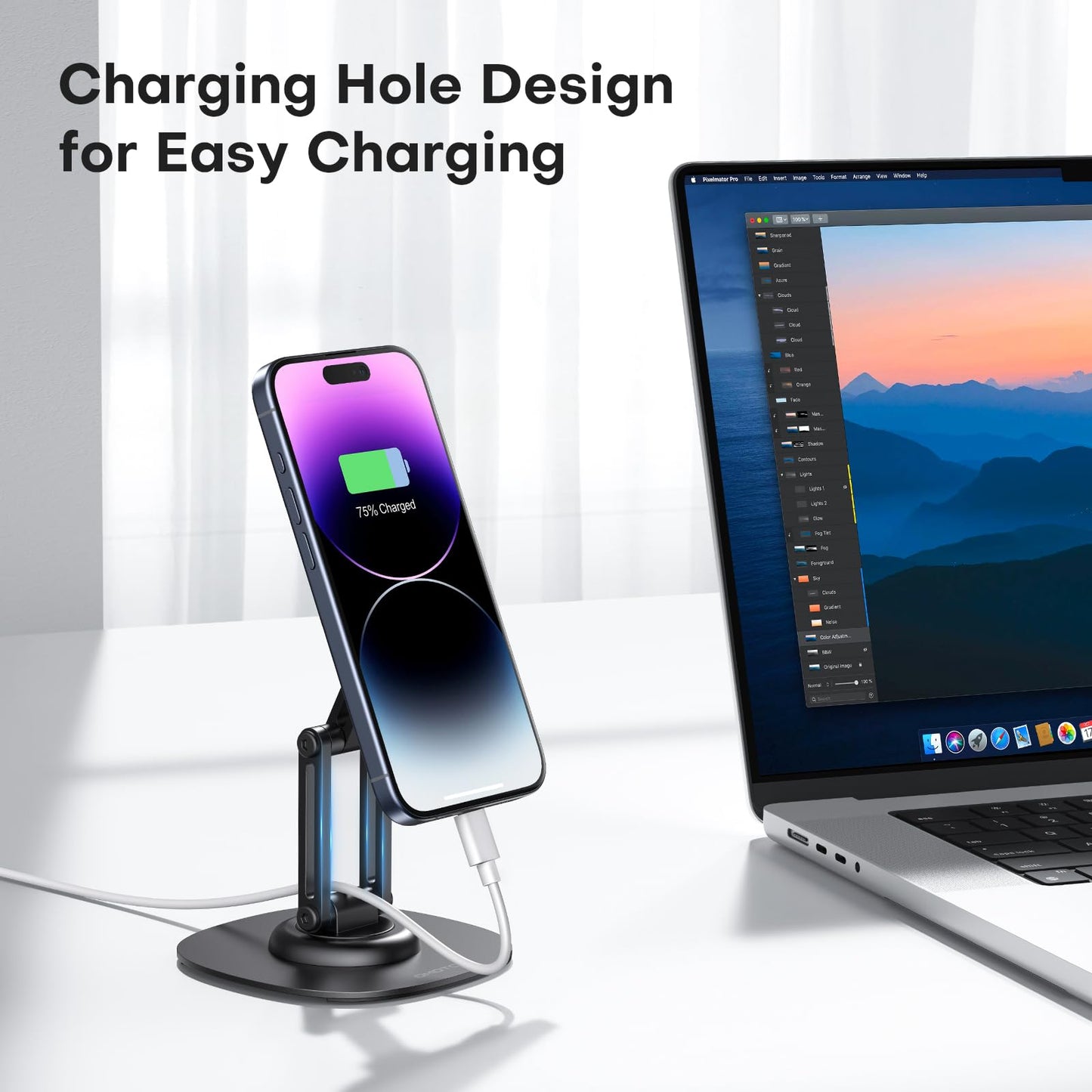 OMOTON 360°Rotating Magnetic Phone Stand for Desk, Adjustable Foldable Aluminum for MagSafe Cell Phone Stand Holder with Non-Slip Base, for iPhone 17/16/15/14 Pro Max Air/MagSafe Case- Black